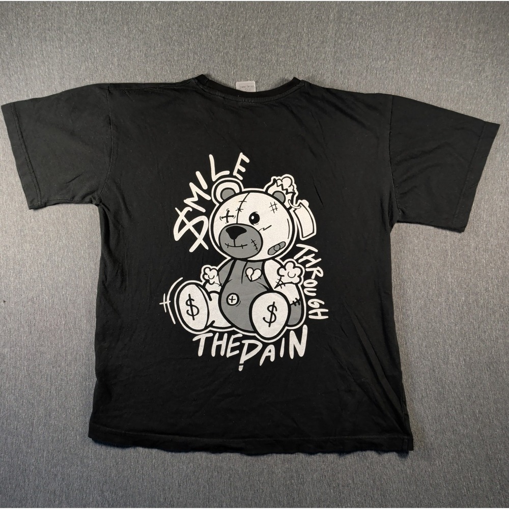 Graffiti Smiley Smile Through The Pain Bear Black T Shirt TYS Sz S Grunge Street